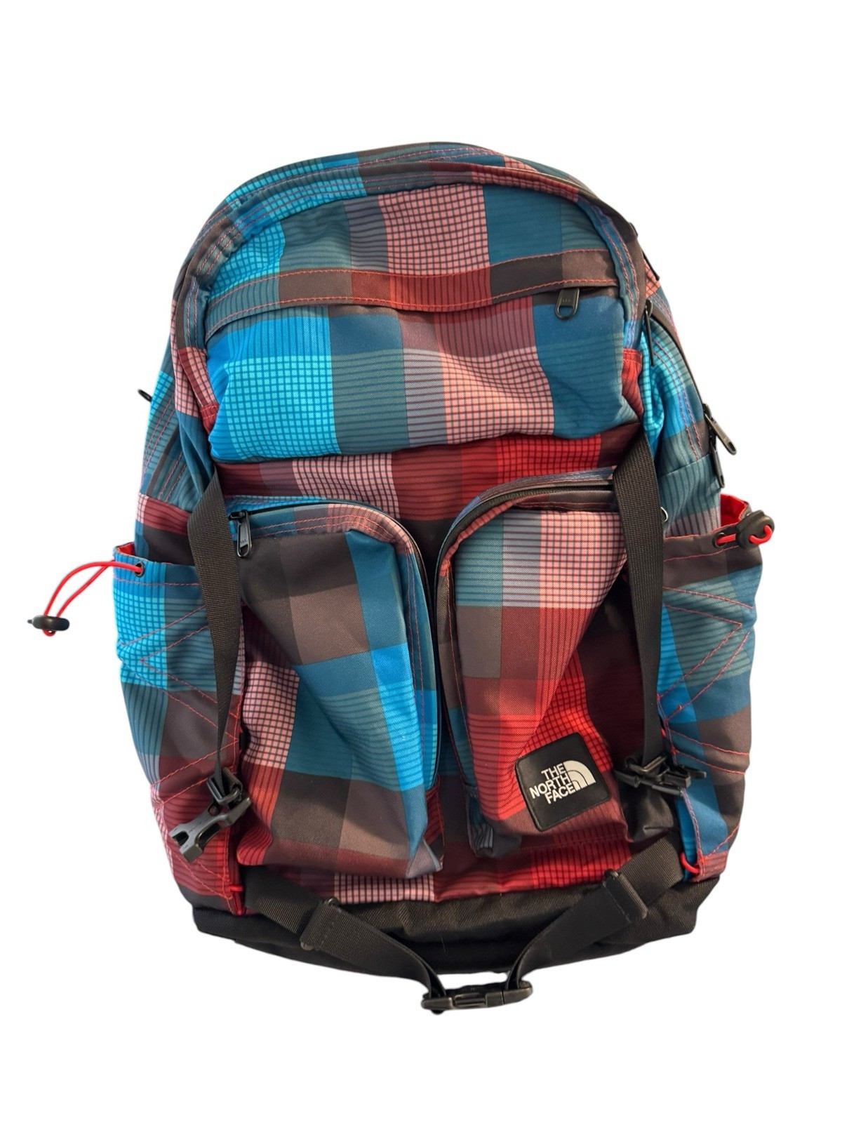 North Face Backpack Colorful Multi Plaid 9 Pockets For Computer & Gear Mesh Back
