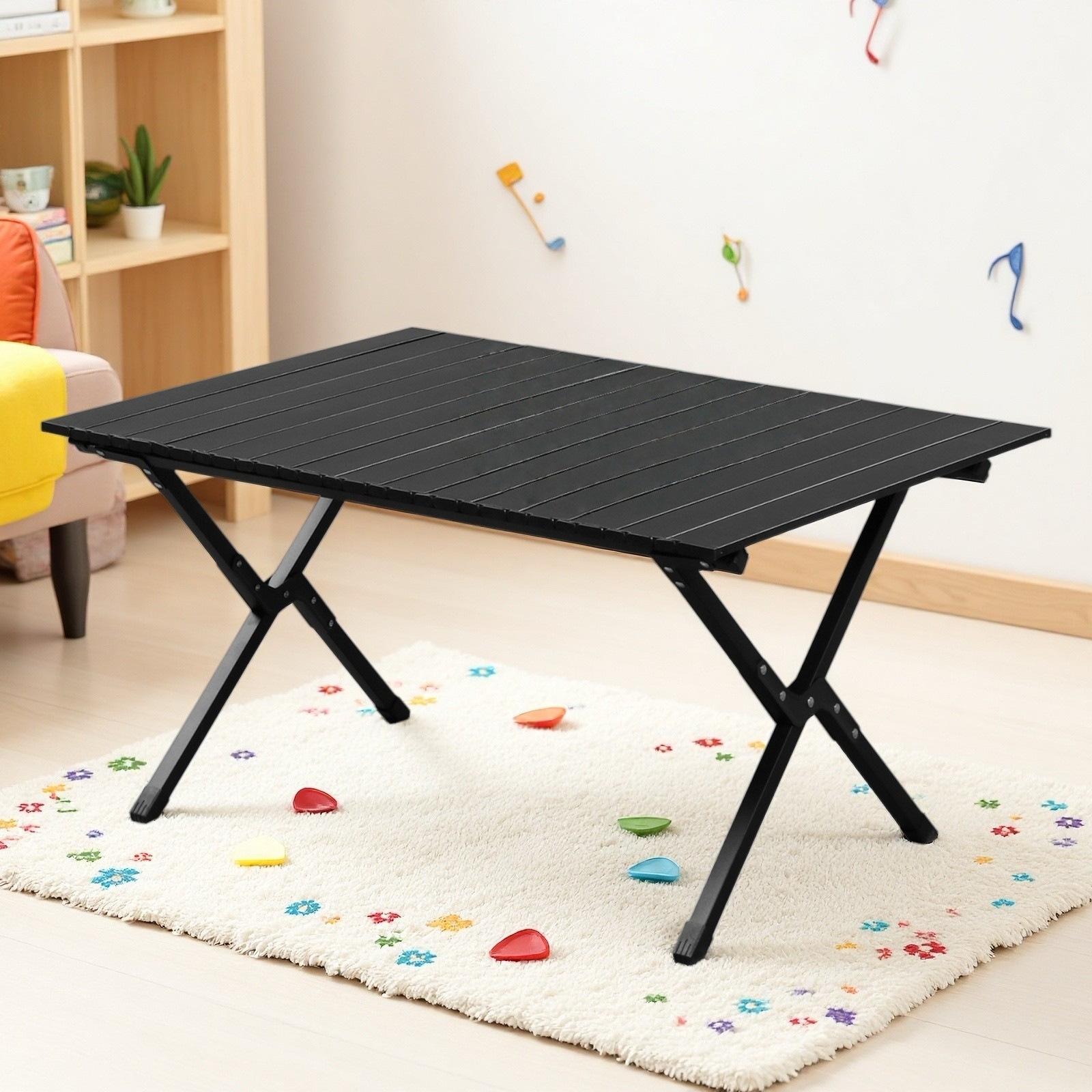 Folding Camping Roll Up Table - Metal Patio Outdoor Picnic Carry Bag Black