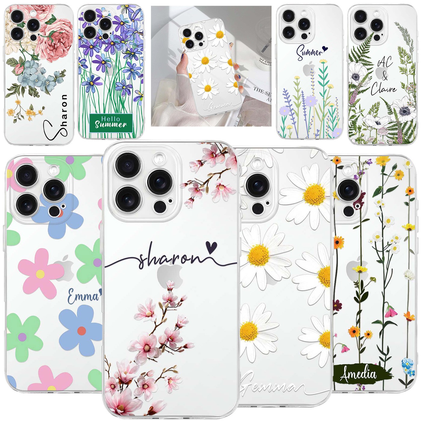 Custom Flowers Crystal Clear Phone Case Cover For iPhone 16 Pro Max 16e 15 13 14