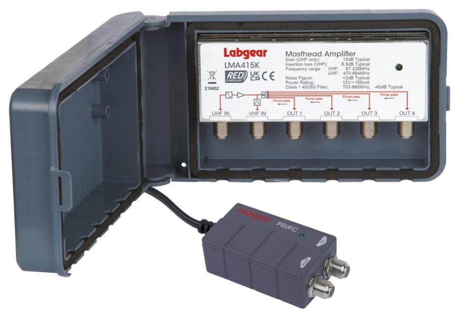 Masthead Amplifier With 4G/5G Filtering 2 Inputs 4 Outputs 15Db Red Compliant