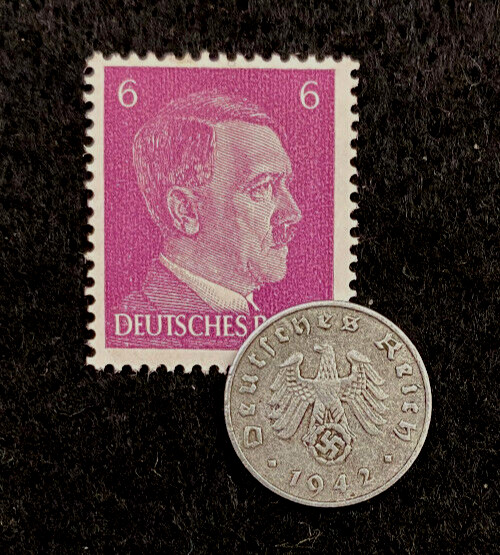 WWII Authentic Rare German Coin 1 Rp Zinc & MNH 6 Pf Stamp World War 2 Artifacts