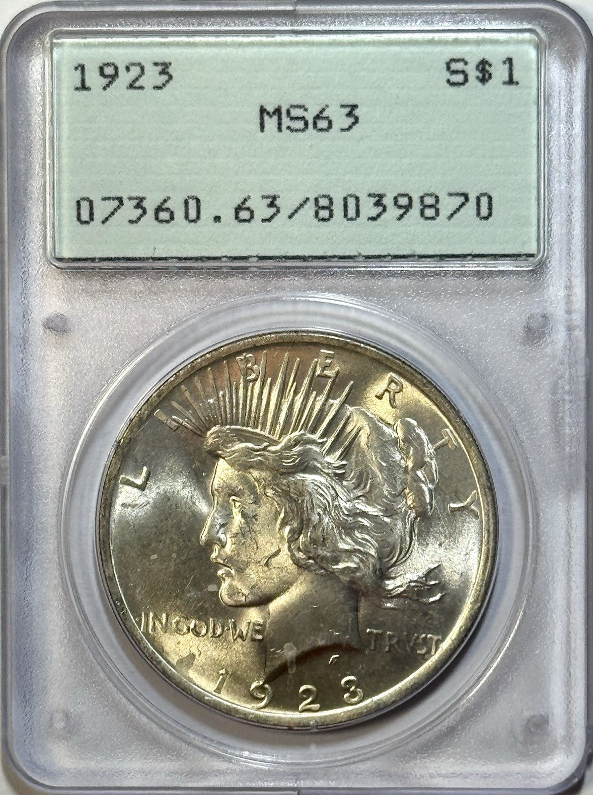 1923 Peace Dollar - PCGS MS63 - Rattler Old Holder Silver $1 Lustrous Coin