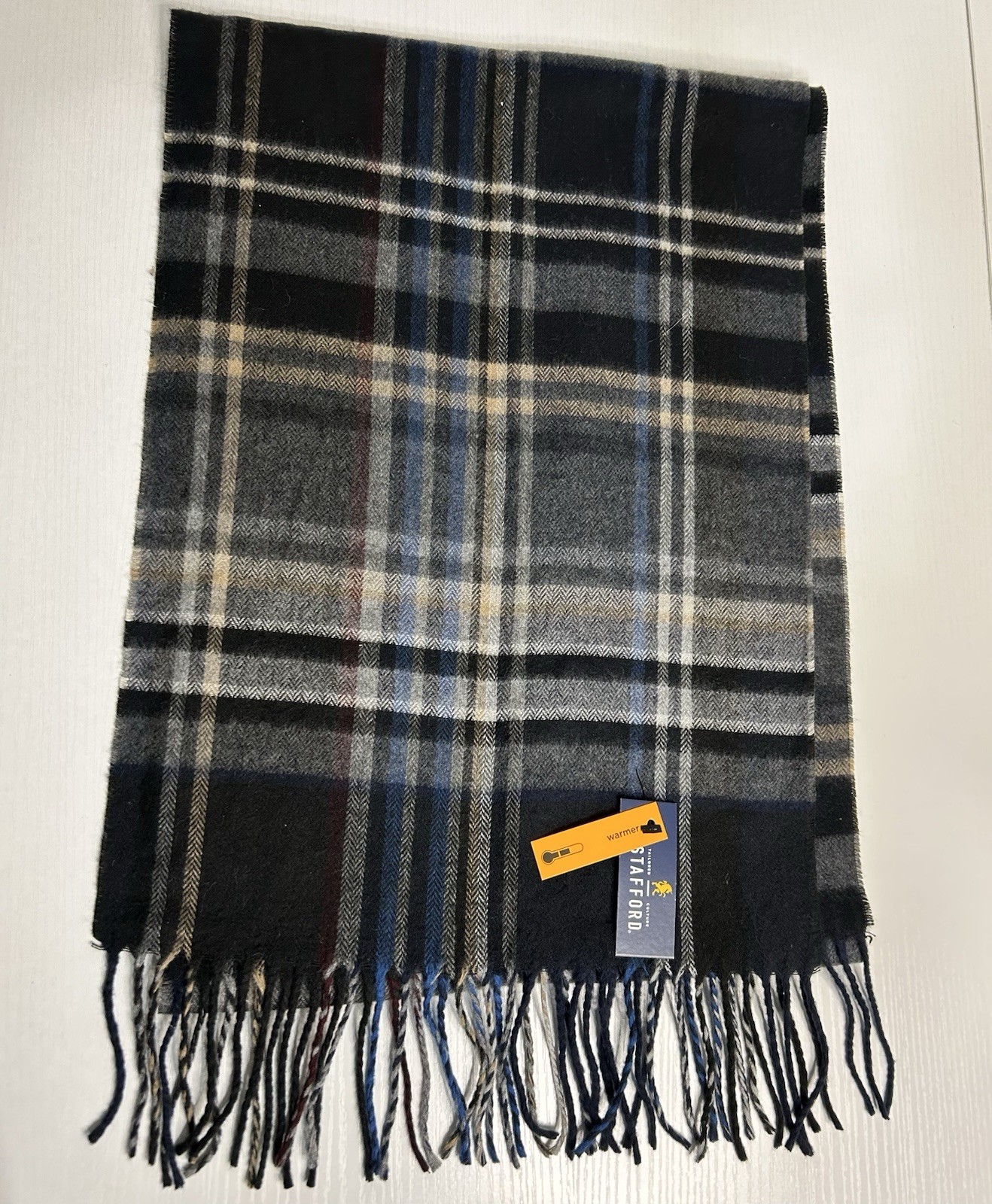 Stafford Mens Scarf Fringe Warm Soft Business Casual Black Plaid Flannel NEW