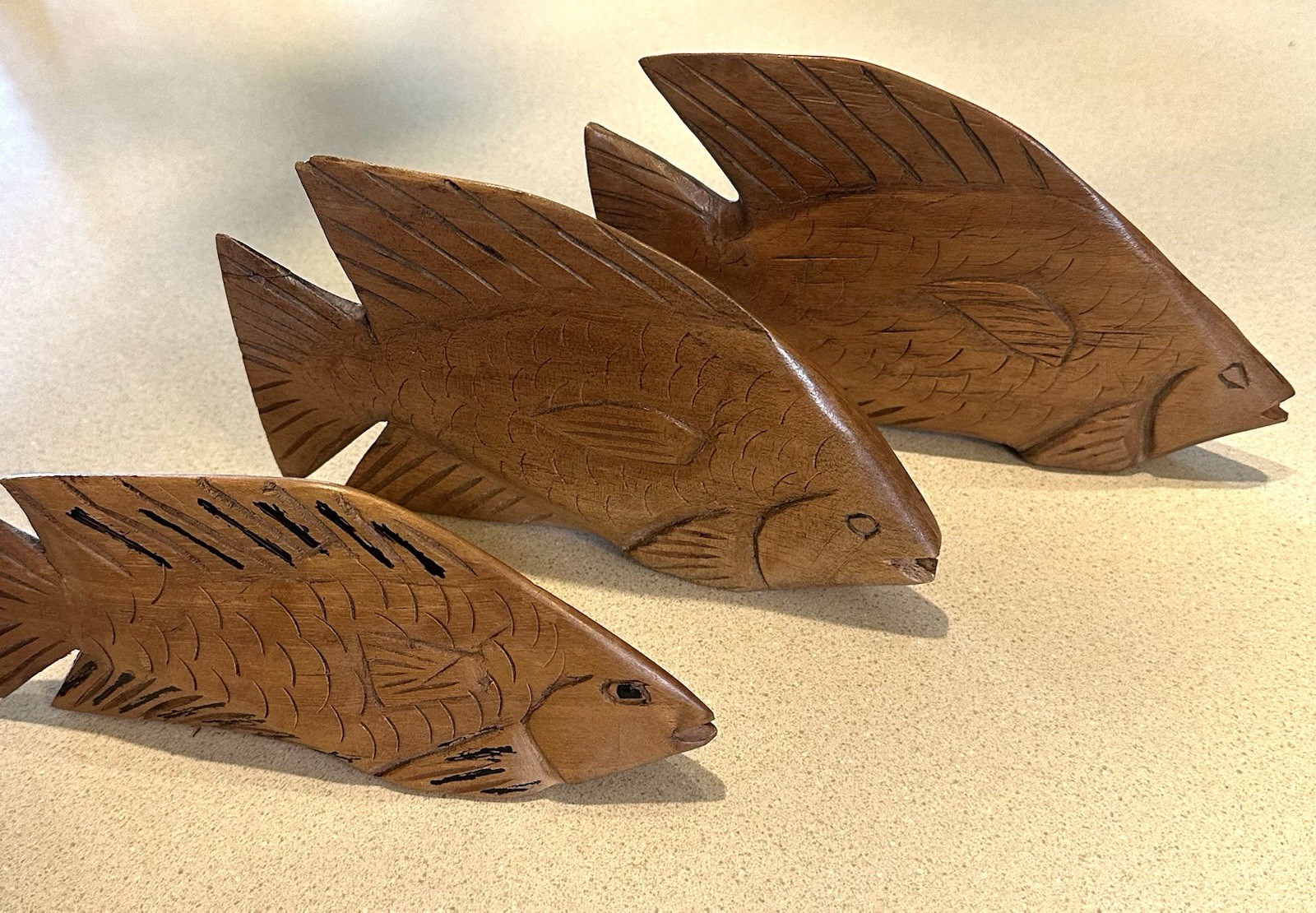 Vintage Hand Carved Wooden Fish Sculptures(3), Coastal Art Decor Nautical