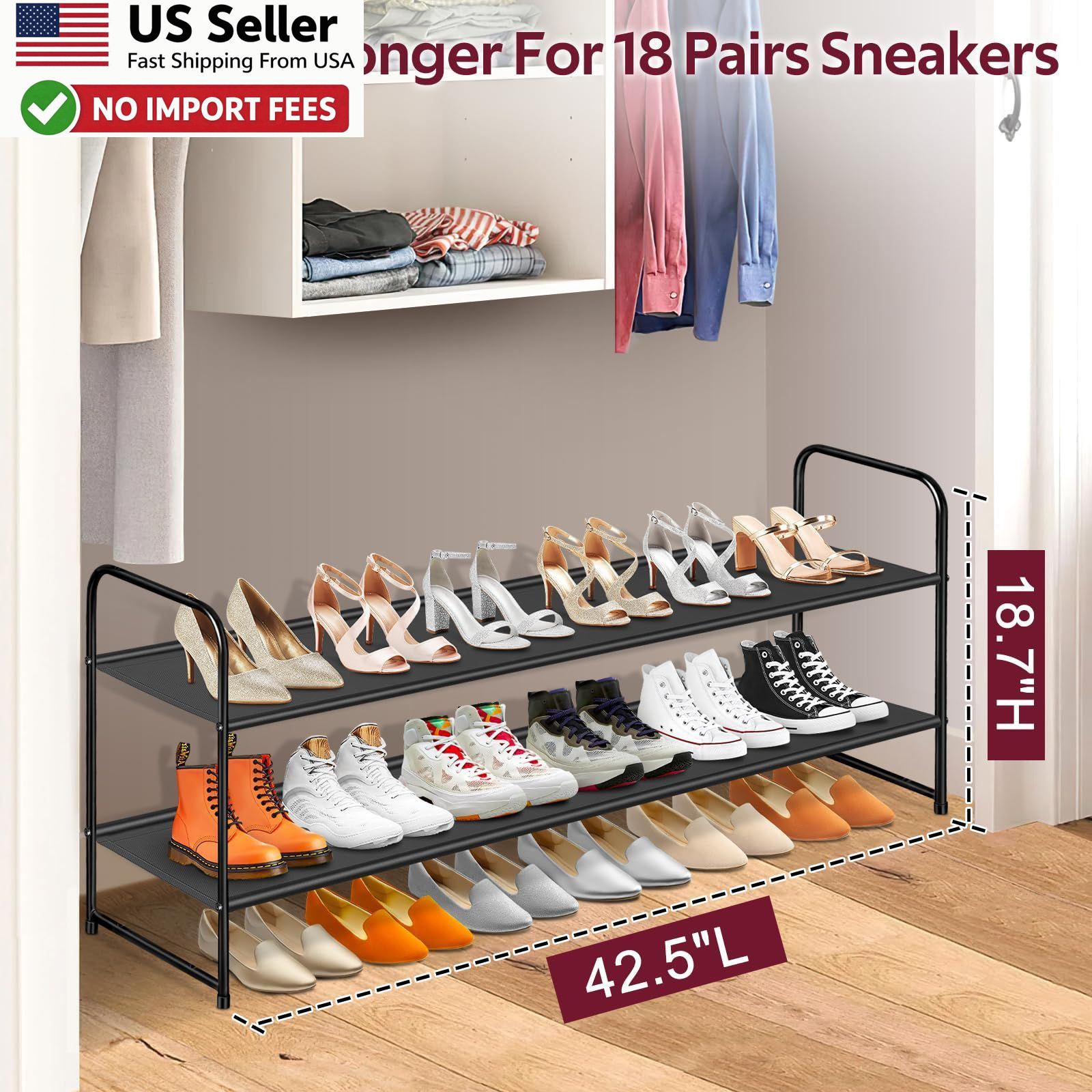 SLEEPING LAMB 2-Tier Long Shoe Organizer Stackable 18-Pairs Rack Black FROM USA