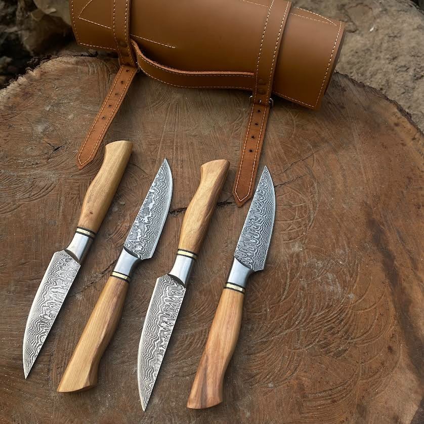 Damascus Chef Knife Set with Olive Wood Handle w/ Leather Roll Bag RustResistant
