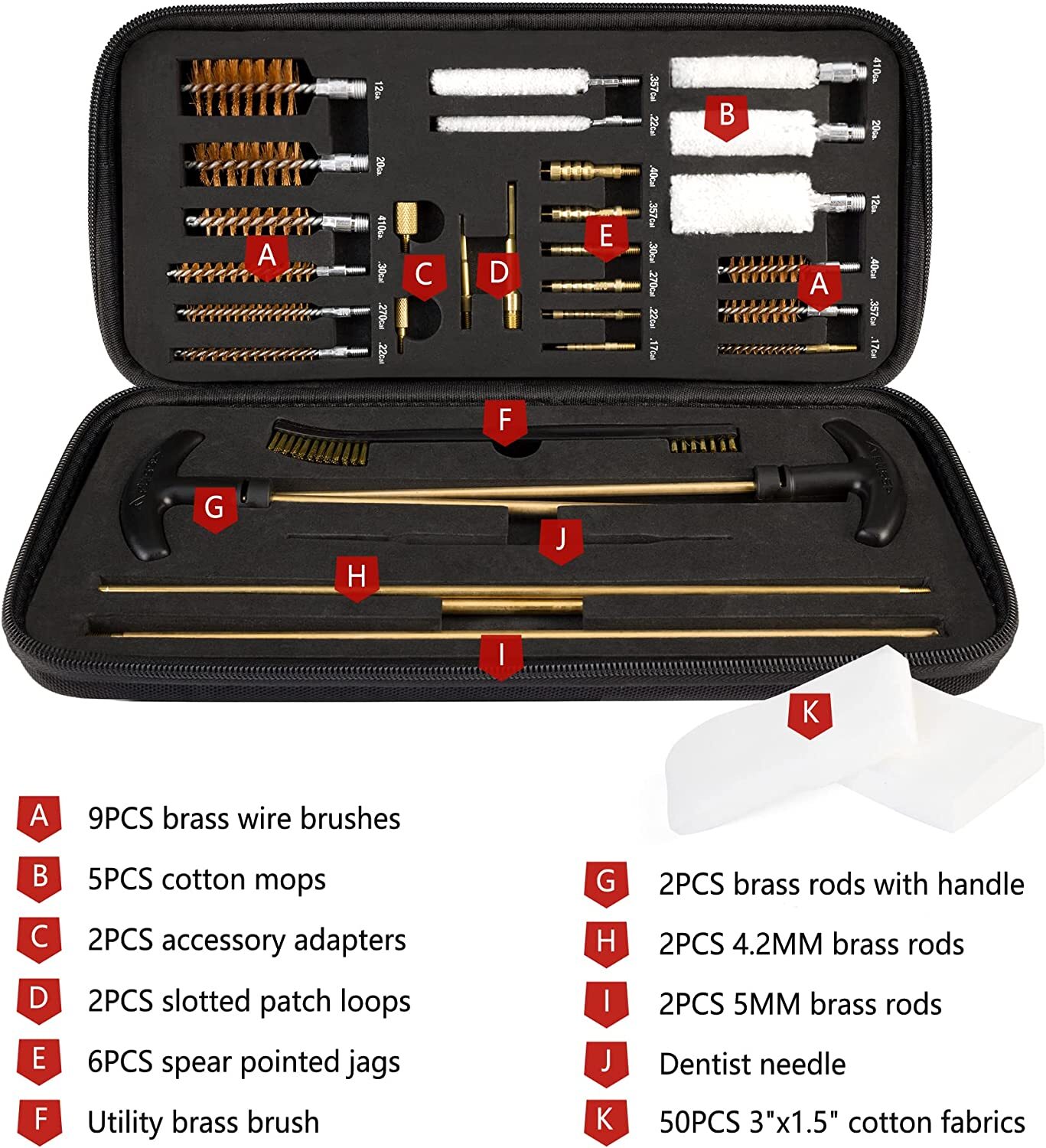 Flissa 33 PCS Gun Cleaning Kit with Solid Brass Rods, Brushes, Mops, Jags, Case