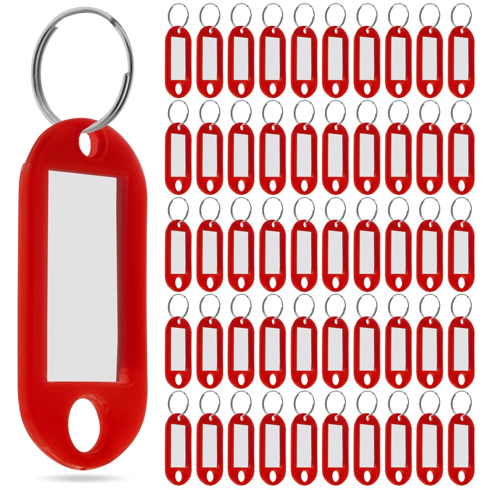 50 Pcs Plastic Key Tags with Label Window Ring 1.85 x 0.79 inches, Red