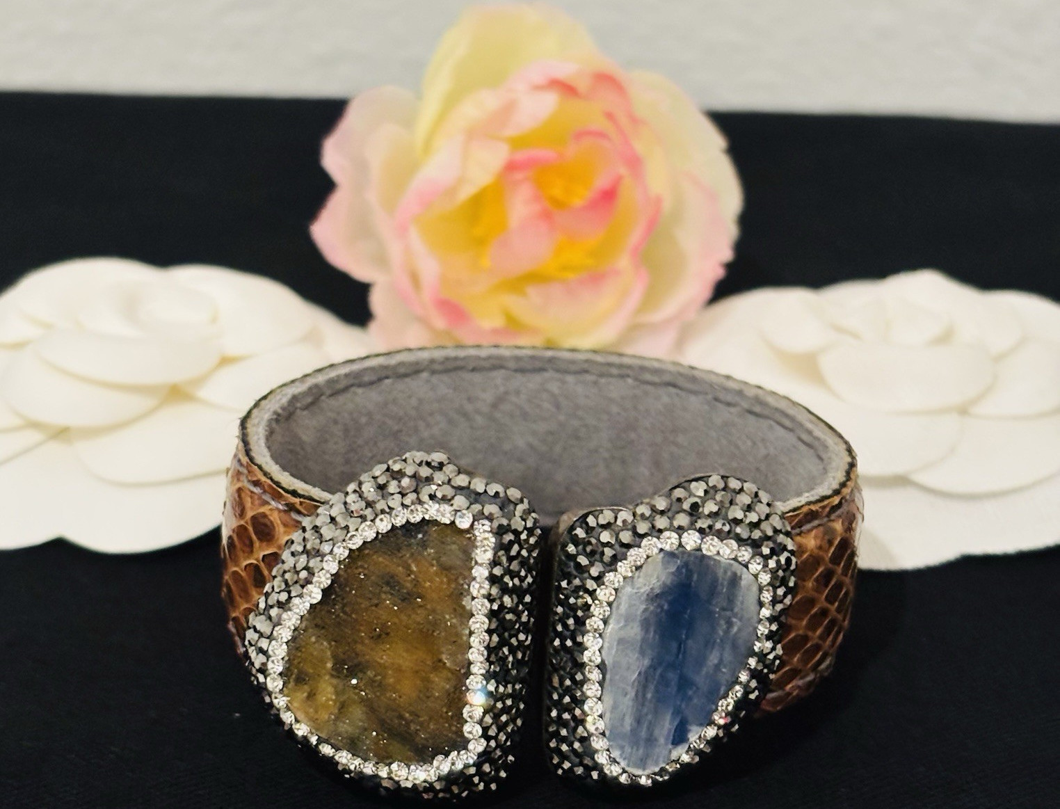Cuff Bracelet Brown Silver Blue Leather Stone Metal Freeform Pavé Asymmetrical