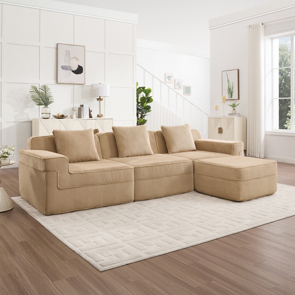 Modular 3-Seat L-Shape Sectional Sofa w/ Ottoman, Corduroy Camel