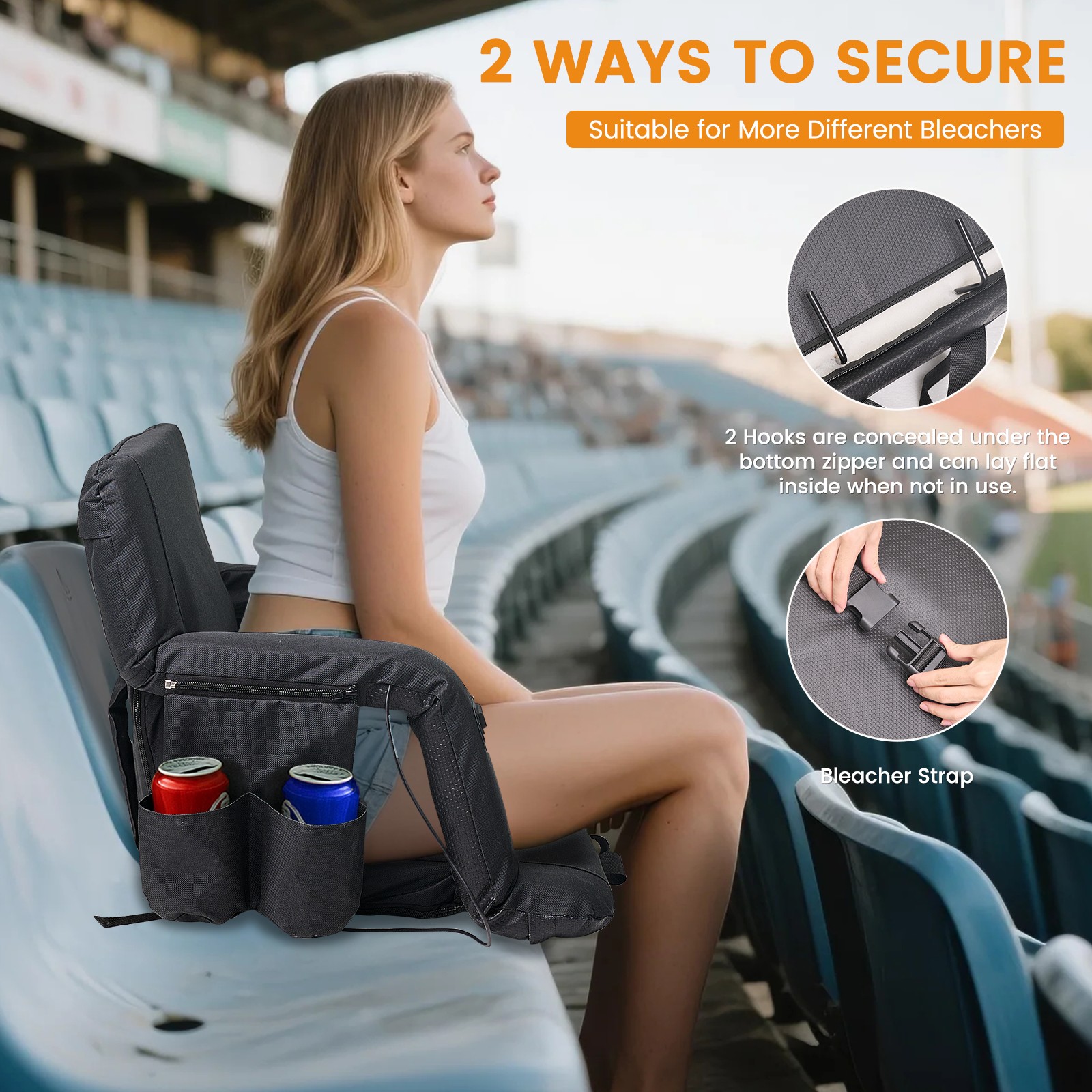 25-Inch Heated Bleacher Seats 2 Pack - Extra Wide Design with Back Support.