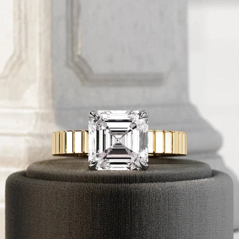 Asscher Cut 3.20 Ct White Moissanite Prong Wedding Ring 14K Yellow Gold Finish