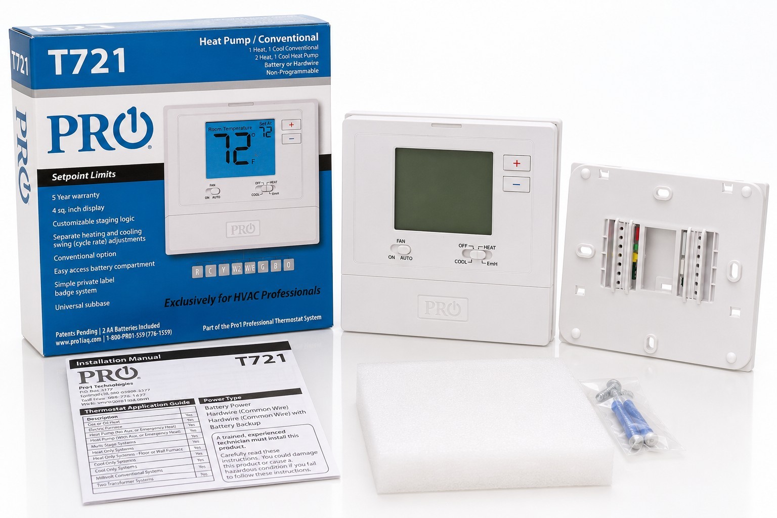 Pro1 IAQ T721 Non-Programmable 2H/1C Dual-Powered Thermostat