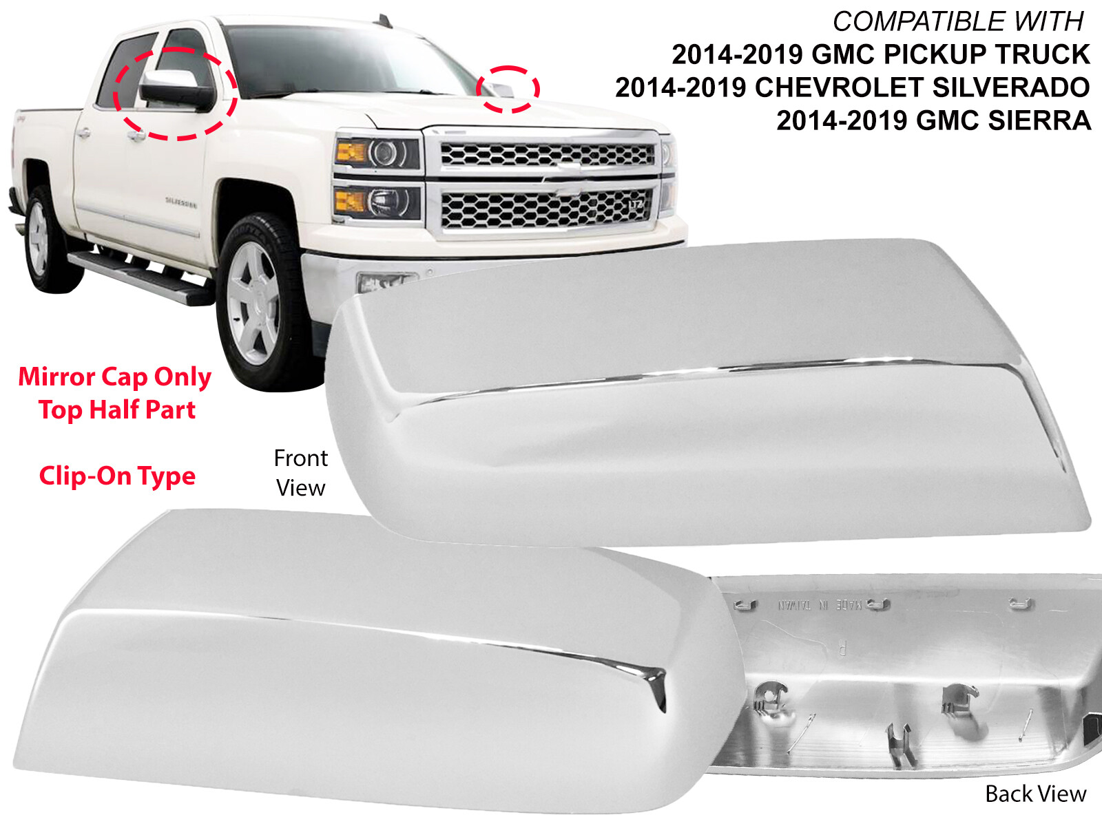 For 2014 - 2019 SIERRA SILVERADO Chrome Mirror Cap Set Passenger and Driver Side