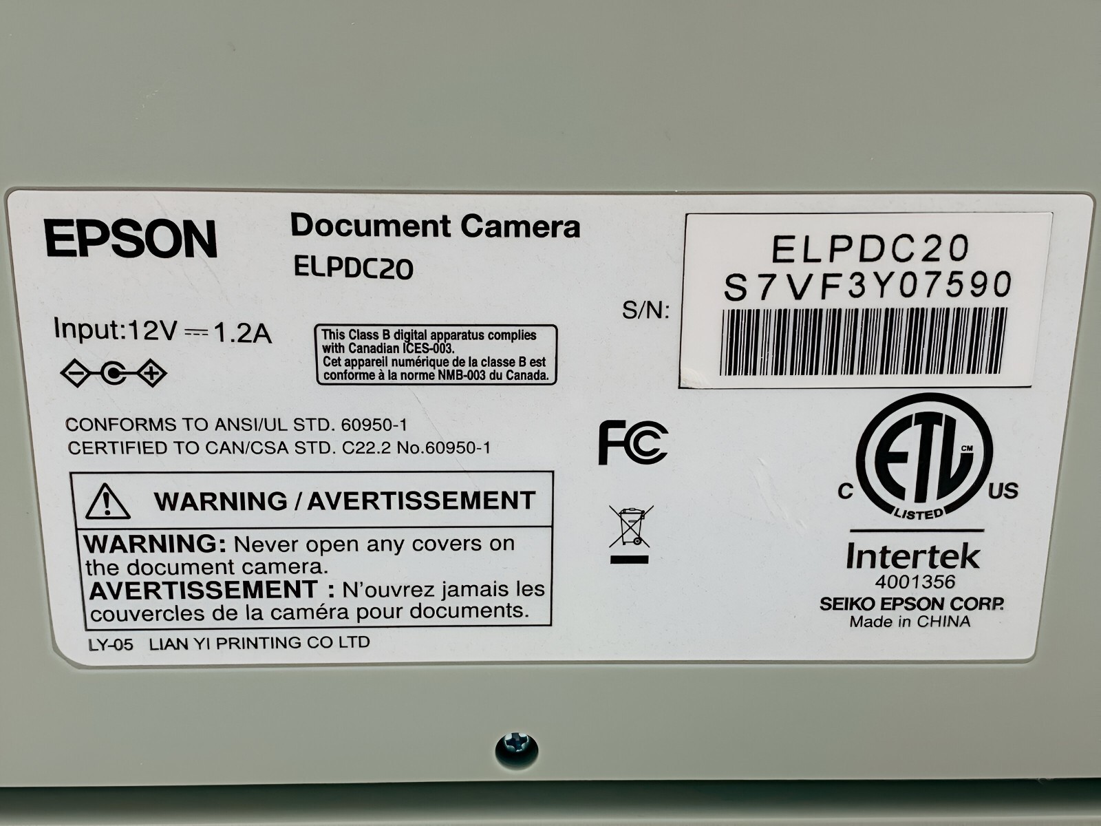 Epson ELPDC20 Portable Document Camera Visualiser USB 2.0 HDMI w/Bundle TESTED