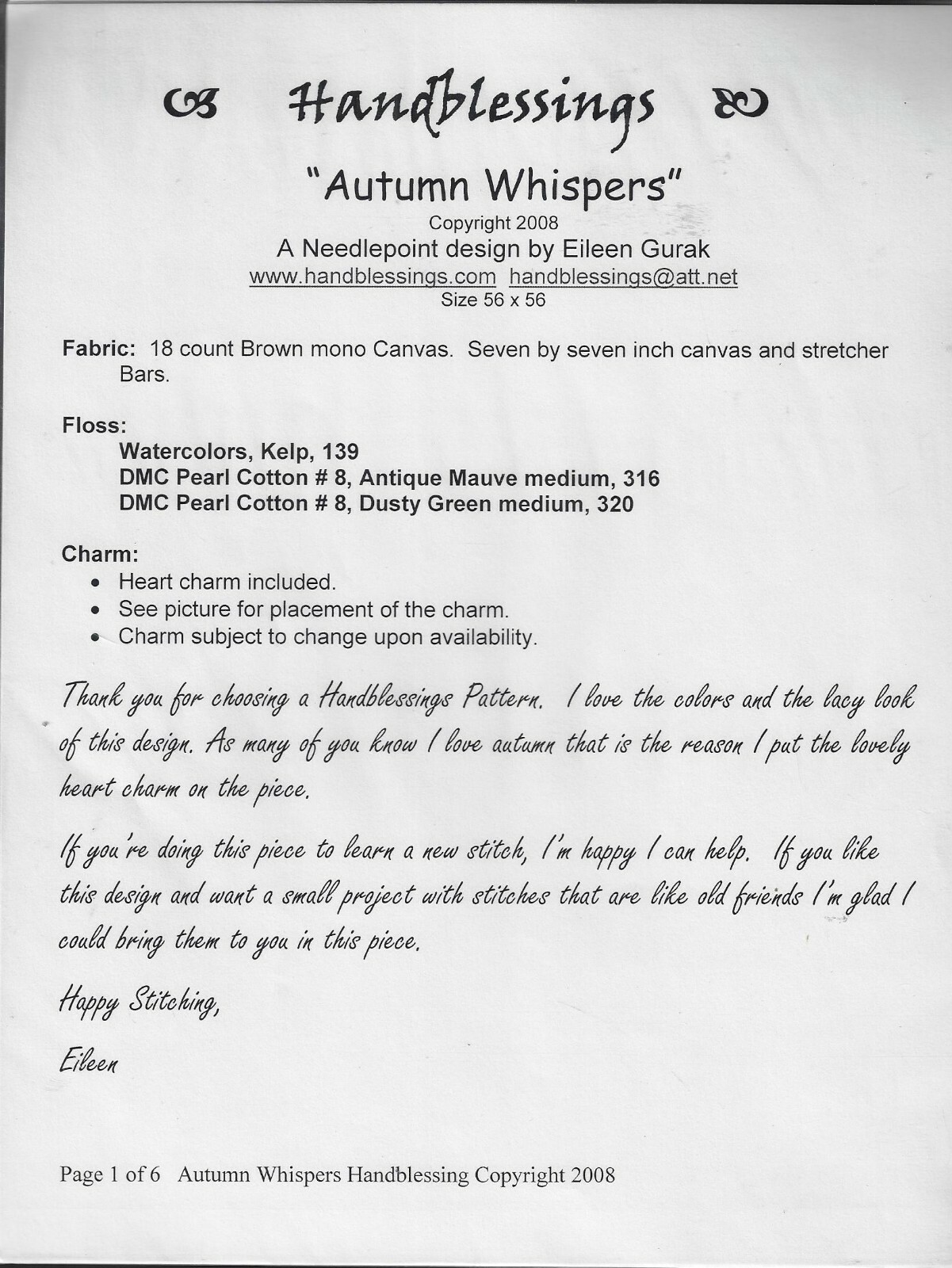 Handblessings -Eileen Gurak Needlework Designs~Needlepoint- Autumn Whispers