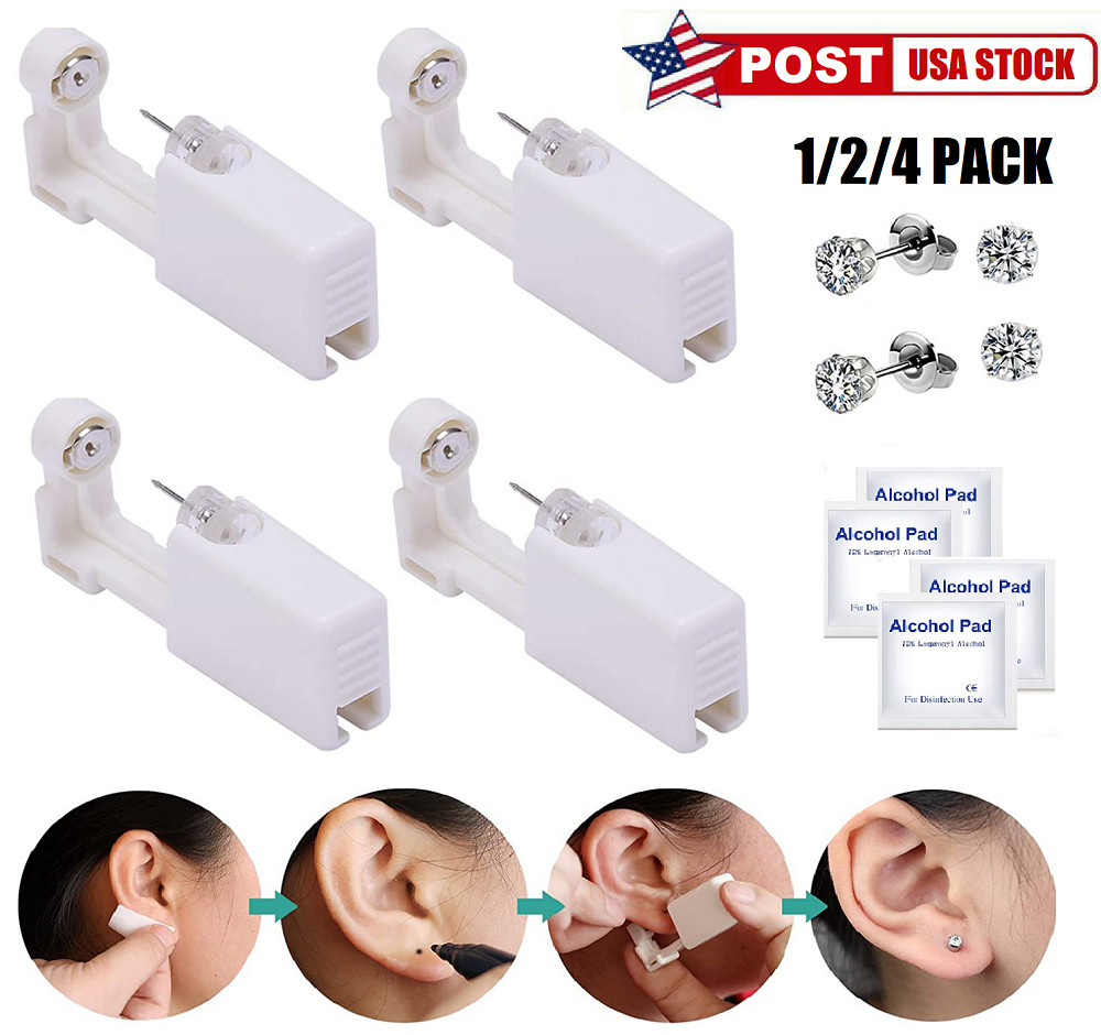 4× Ear Piercing Disposable Kit Silver Stud Earring Gun DIY Home Self Ear Sets US