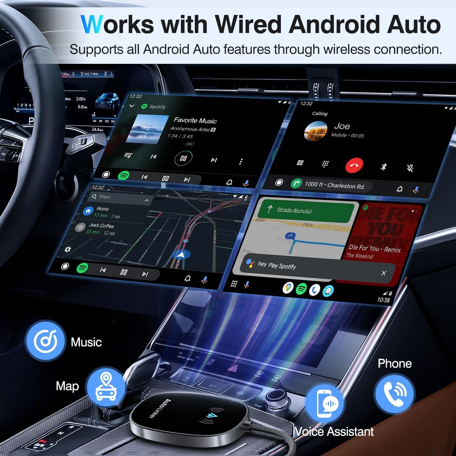 Android Auto Wireless Adapter for Cars with Built-in Wired Black
