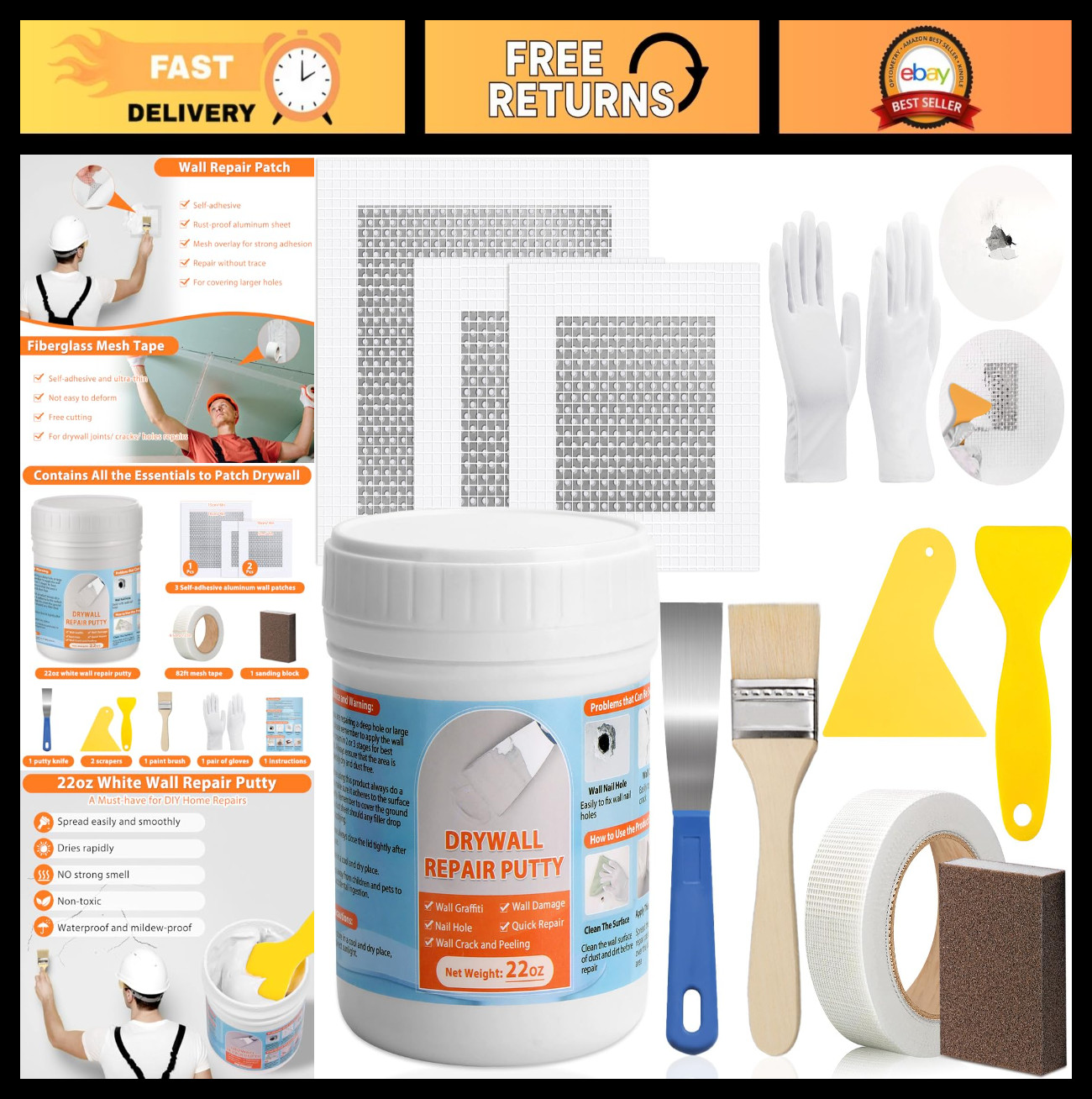 Drywall Repair Kit - 22oz Spackle Paste, Mesh Tape & Scraper for Quick Patch Fix