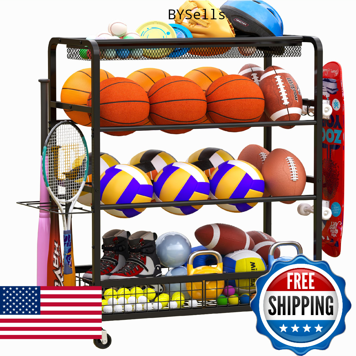 Basketball Hoop,Wheeled Sports Ball Storage Rack,Double-Row Basketball Hoop Hold