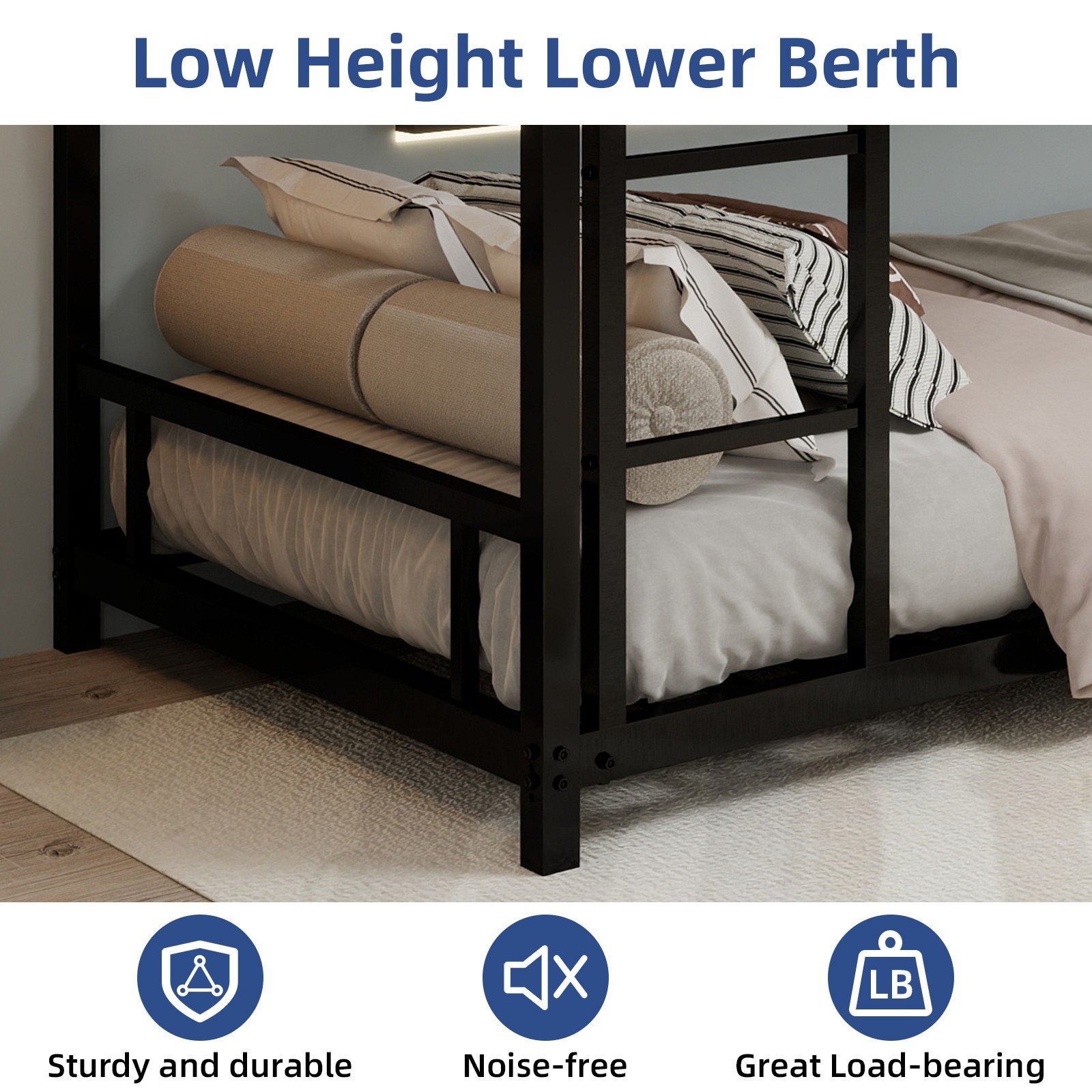 Metal Twin over Twin Bunk Bed Heavy-duty Sturdy Metal w/ Safety Guardrail Black