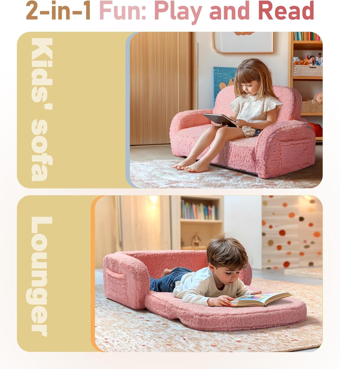 2-in-1 Sherpa Fold Out Kids Couch Extra Wide Comfy Toddler Chair Convertible
