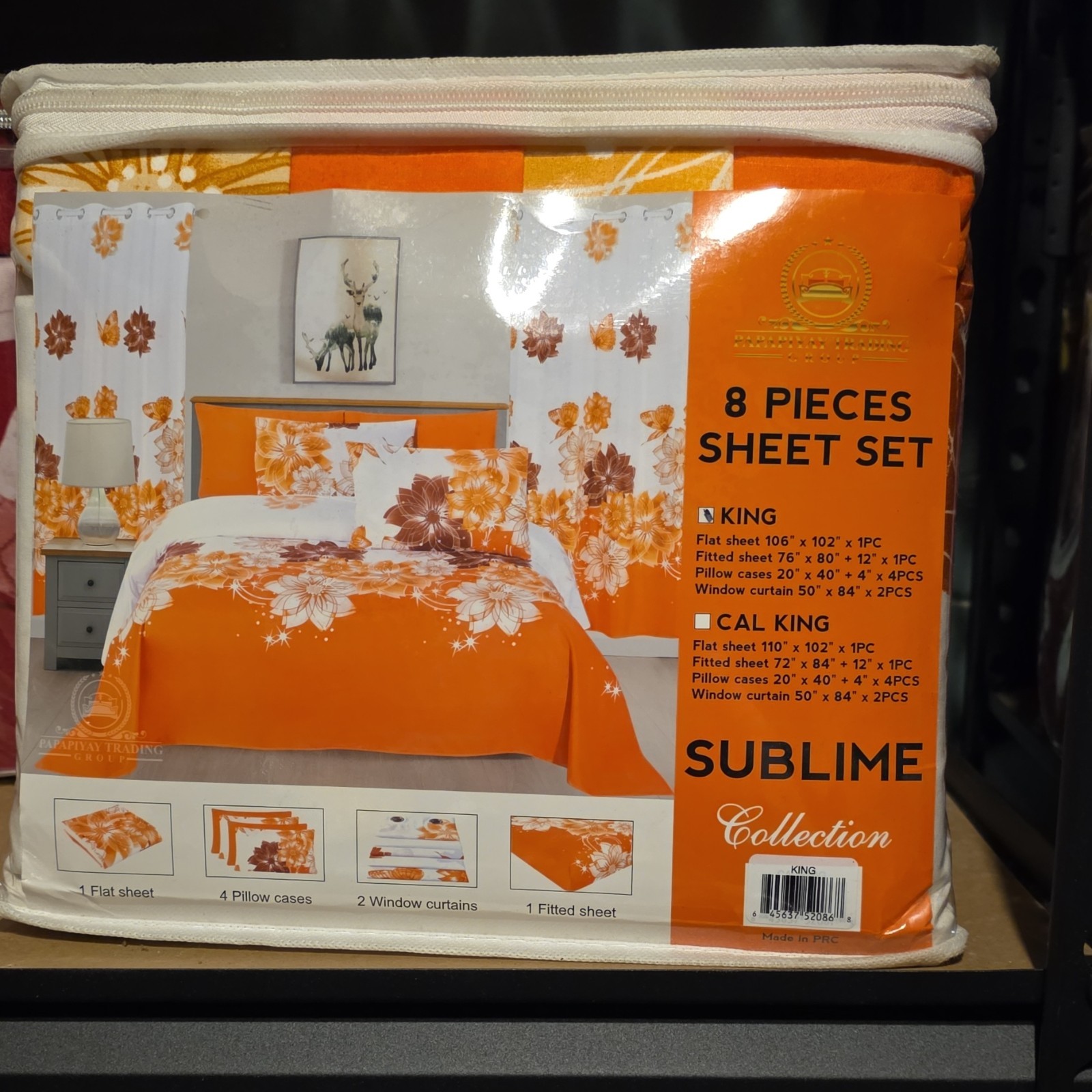Sublime King 8 Piece Sheet Set Orange White Floral with Curtains Collection