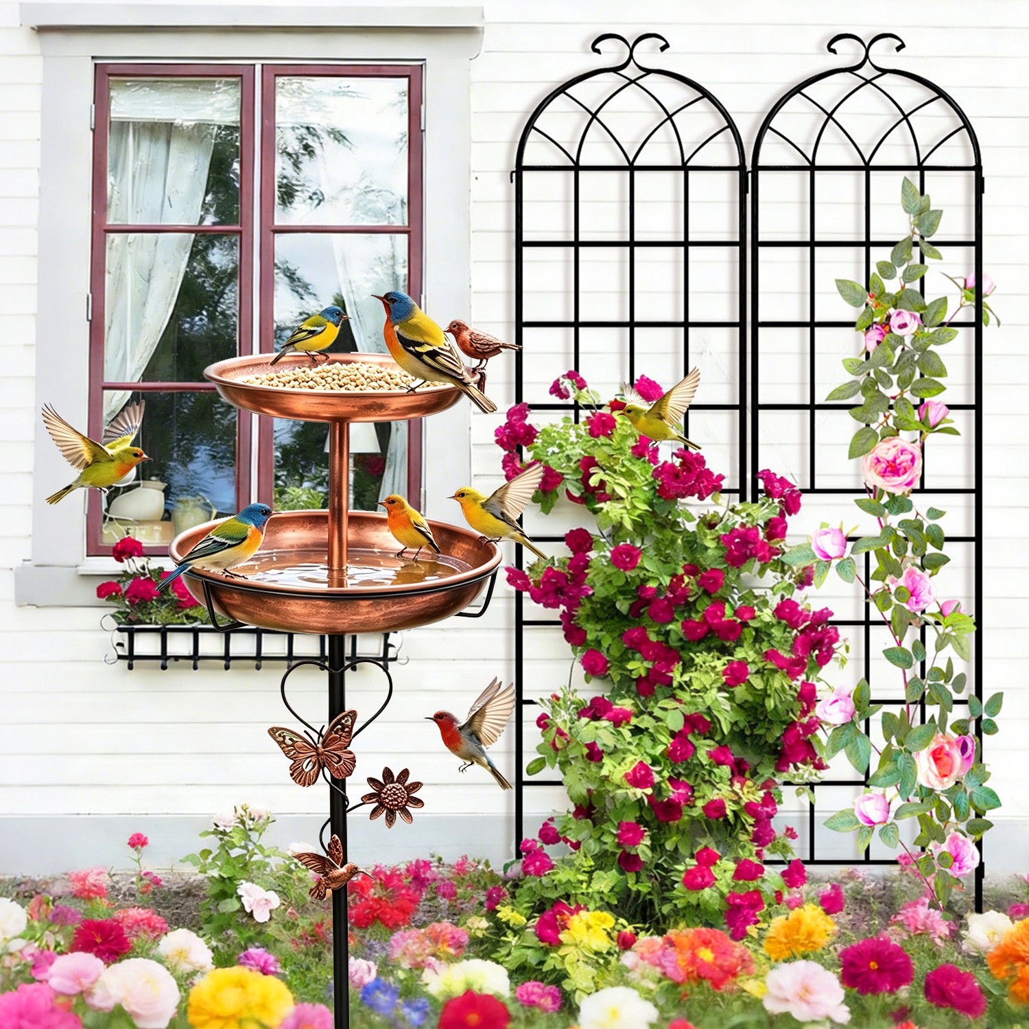 46Inch Metal Bird Bath for Outside Freestanding Birdbaths & Birdfeeder 5-Pronged