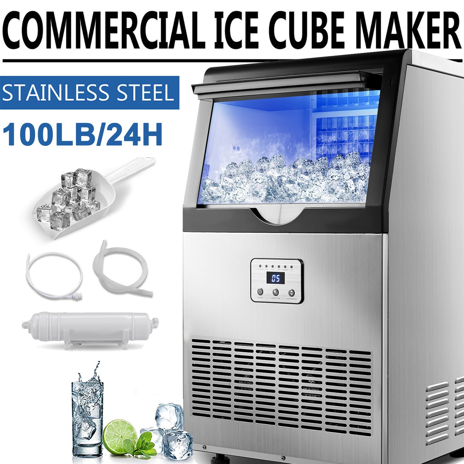 100lbs Built-in Commercial Ice MakerStainless Steel Bar Restaurant Cube Machine