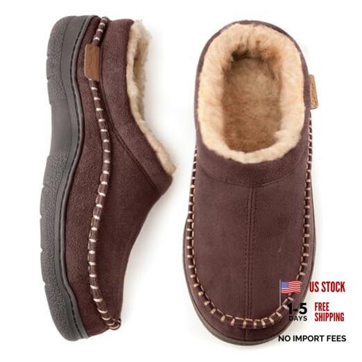Men's Slip On Moccasin Slippers, Indoor/Outdoor Warm Fuzzy Comfy 9-10 Coffee