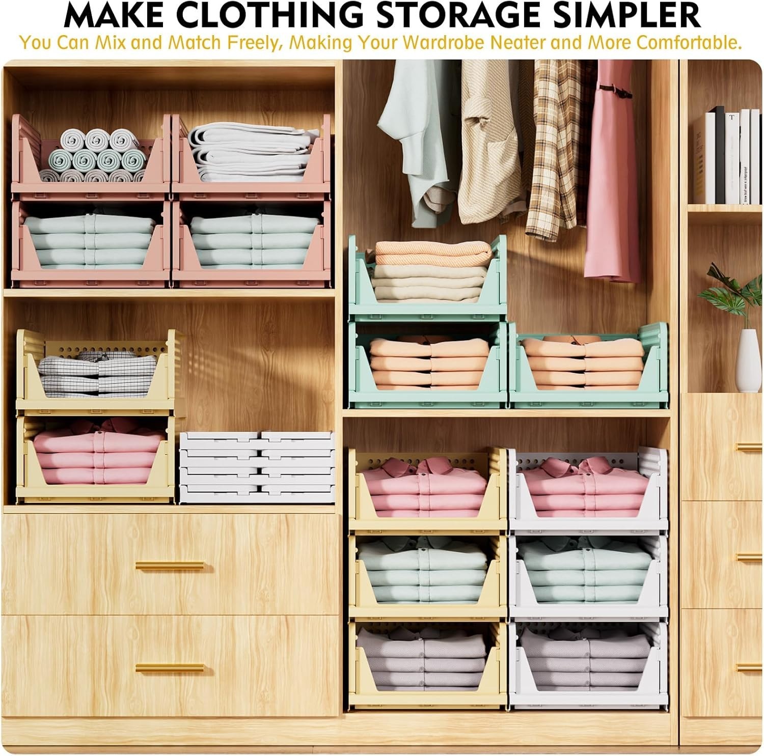 5 Pack Stackable Closet Storage Basket, Multifunctional & Foldable Closet Organi
