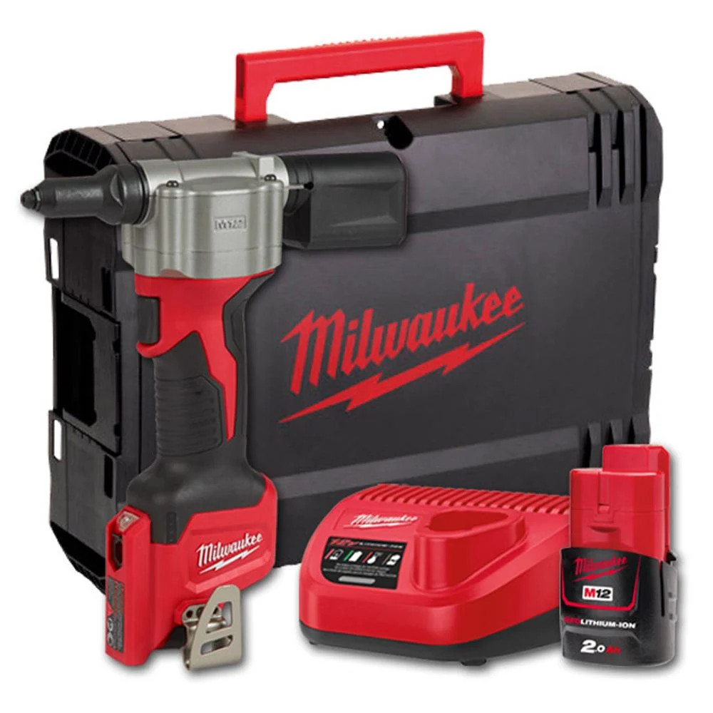 Milwaukee M12BPRT-201X 12V Pop Rivet Gun With 2.0Ah Battery Charger In TieDex