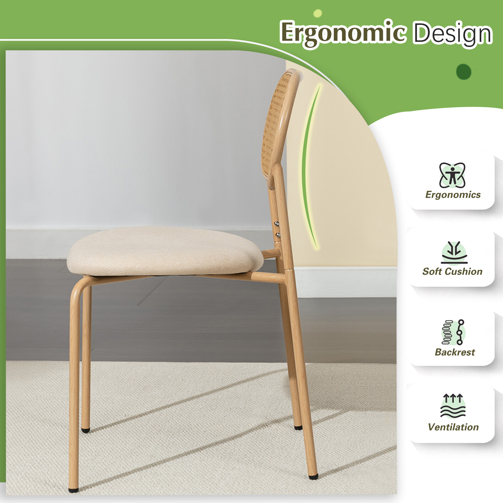 Boho Set of 4 Dining Chairs Upholstered w/Rattan Back,Metal Leg Kitchen Living