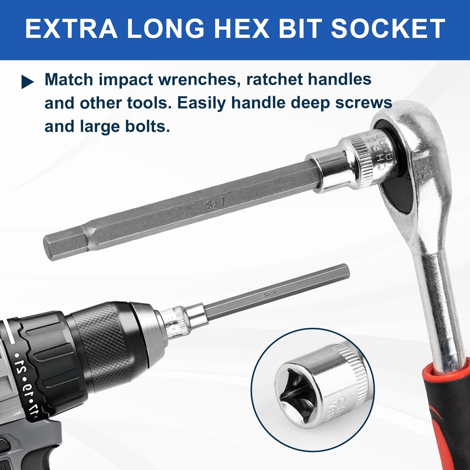 20PCS Extra-Long Allen Hex Bit Socket Set, 3/8 Inch Drive Allen Socket Set, SAE