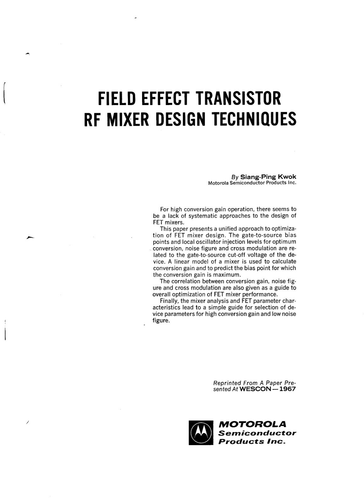 Motorola Reprint - Field Effect Transistor RF Mixer Design Techniques