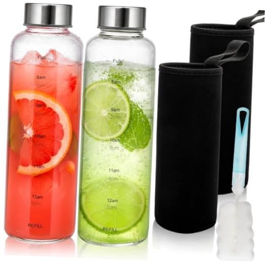 2 Pack Glass Water Bottles With Time Marker, 18 OZ Motivational Water Bottle