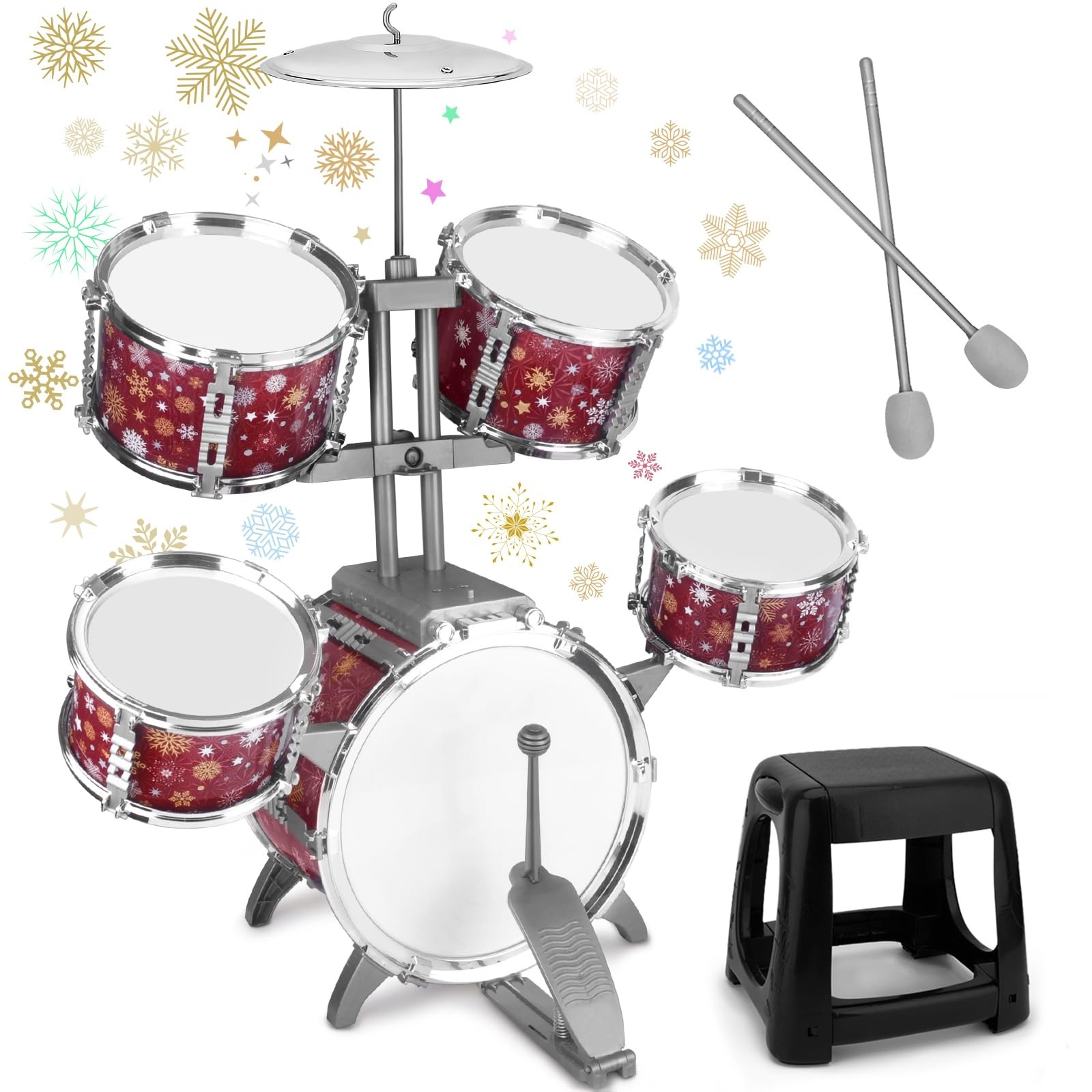 Kids Jazz Drum Set w/ Stool & Sticks Toy for Toddlers 3-7 Year Old Boys Girls