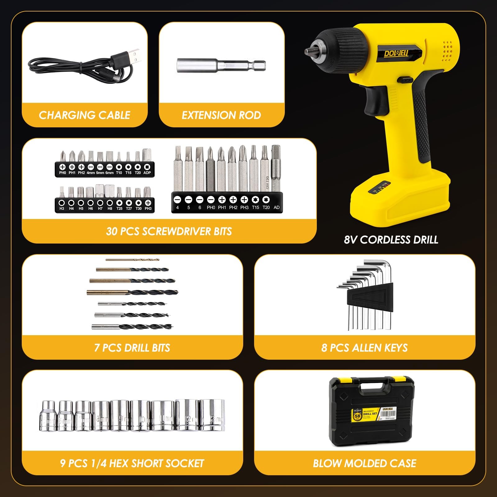 8V Cordless Drill Tool Set 58 PCS Builtin LED Variable Speed TypeC Yellow