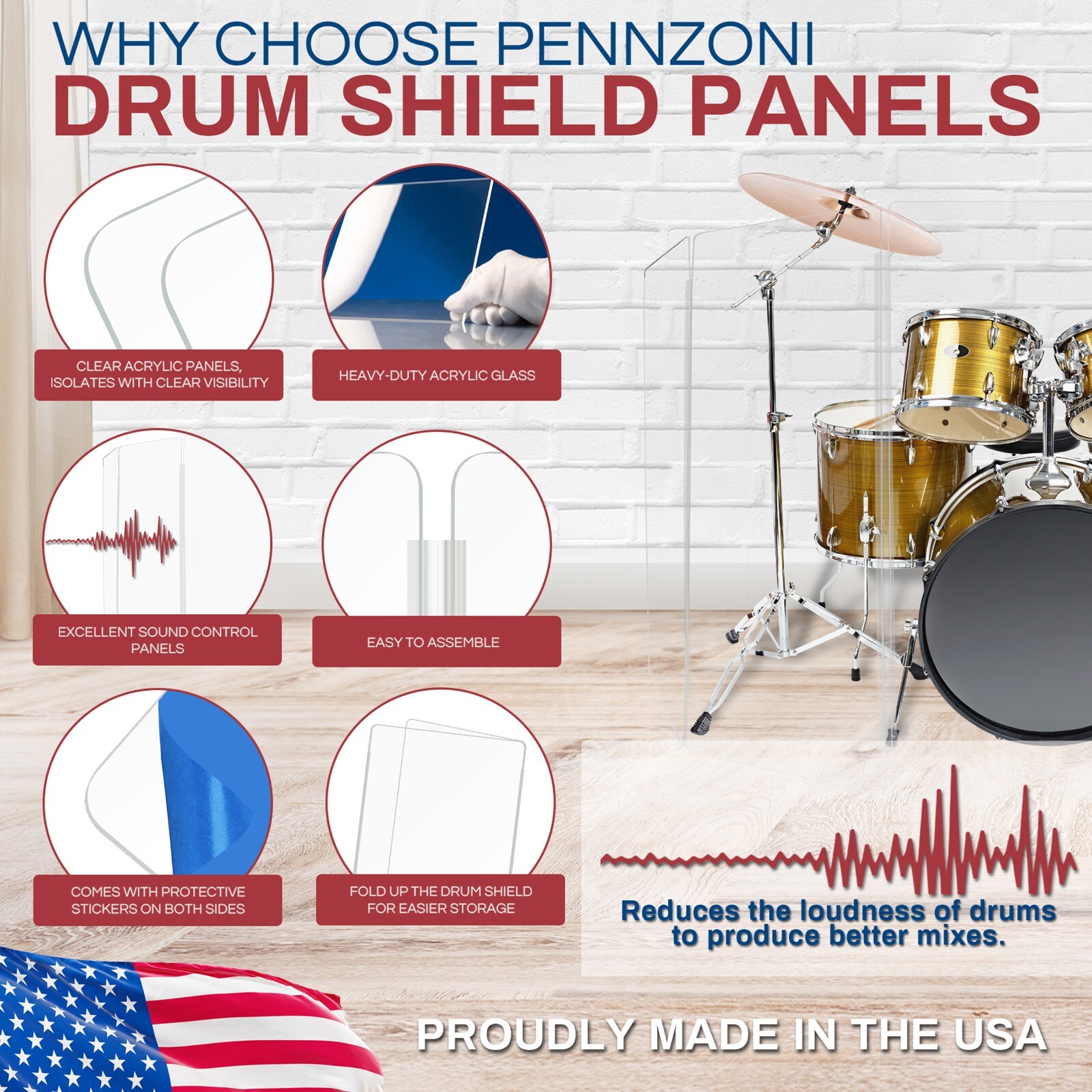 Drum Shield, Premium Acrylic Drum Screen 4 Panels 2ft x 4ft with Living Hinges