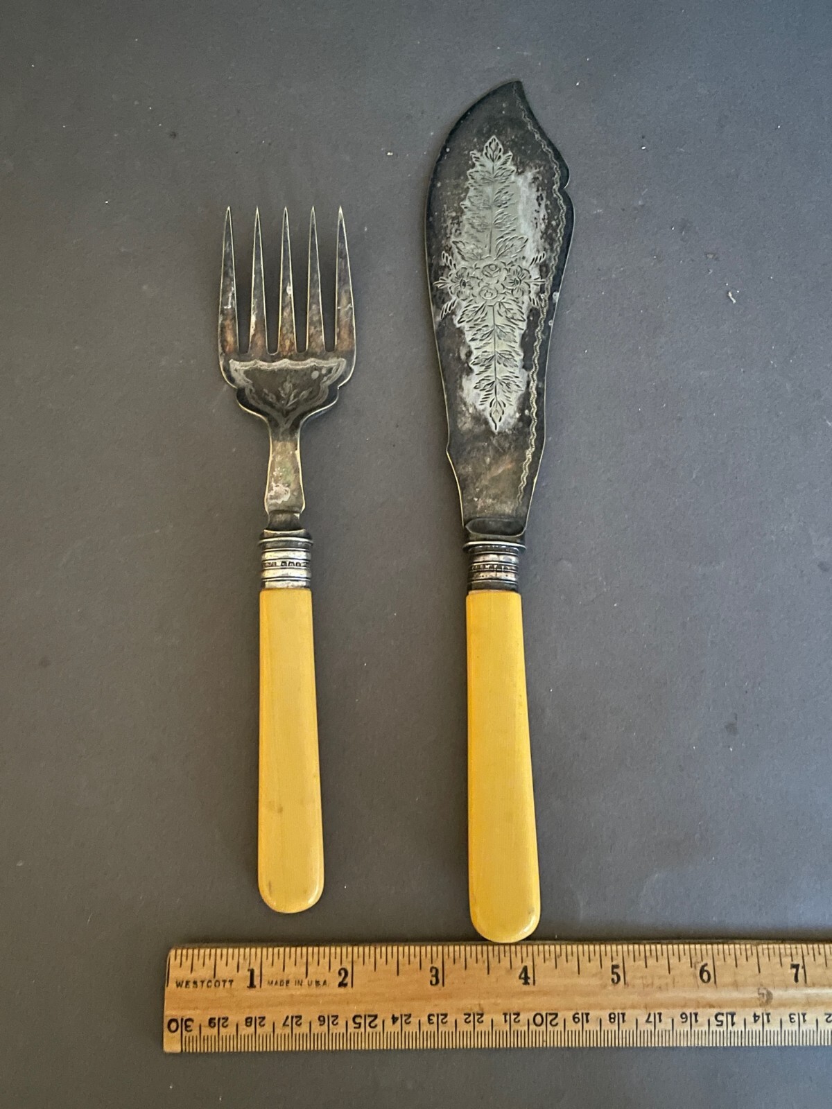 VINTAGE A.P. & CO SILVERPLATE ETCHED FISH KNIFE & FORK SERVING CAKE SLICE SET