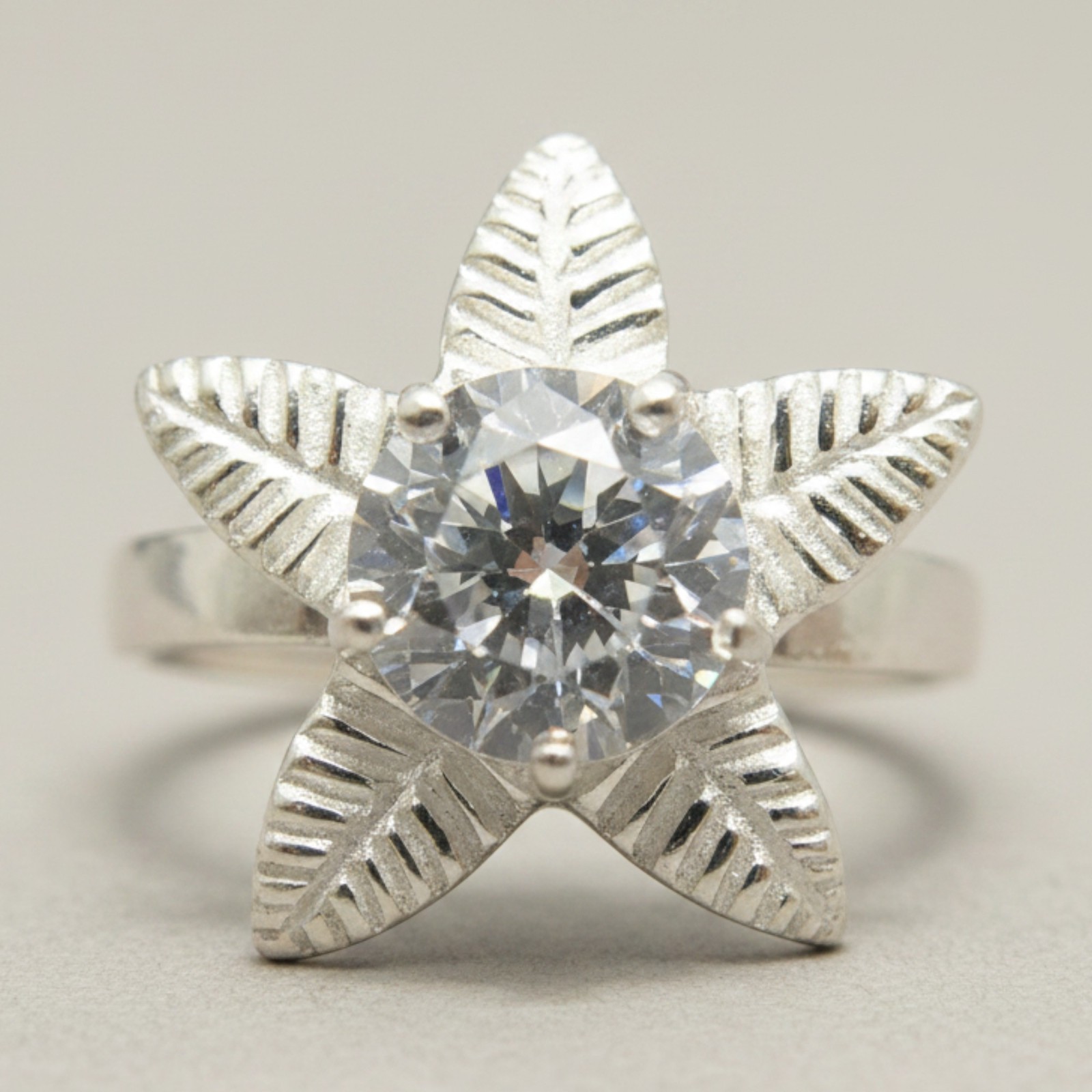 Handmade Sterling Silver Ring Flower With 7mm Cubic Zirconia Hallmarked 925