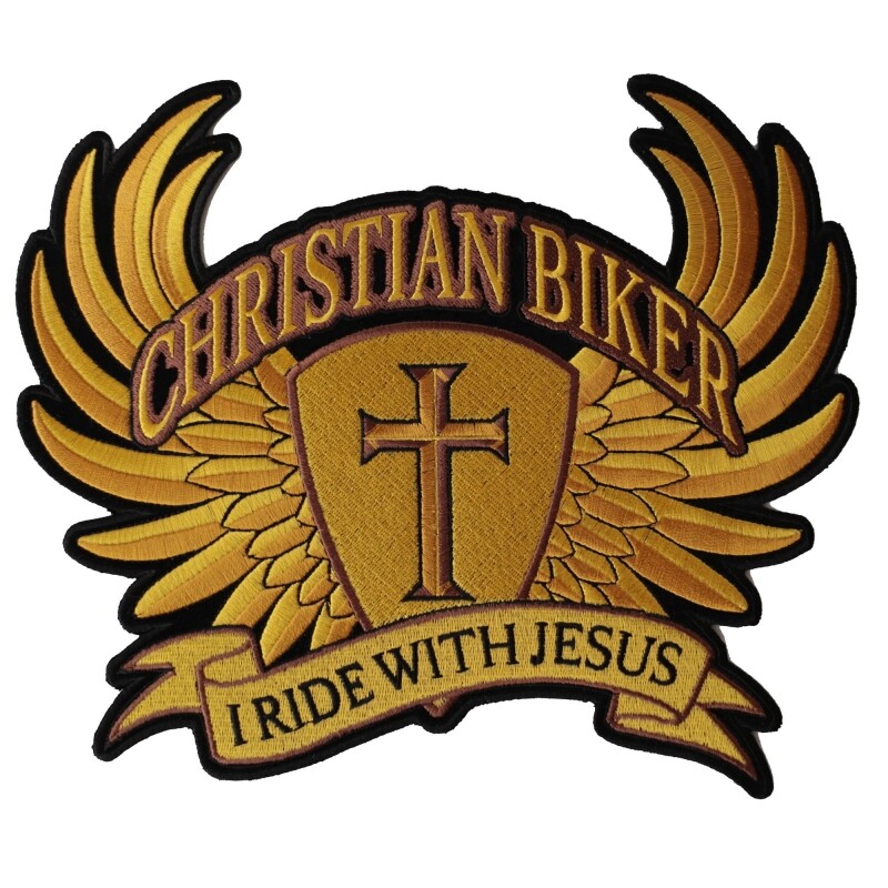 Large Back Patch Iron-On/Sew-On, Golden Christian Biker I Ride With Jesus Cross