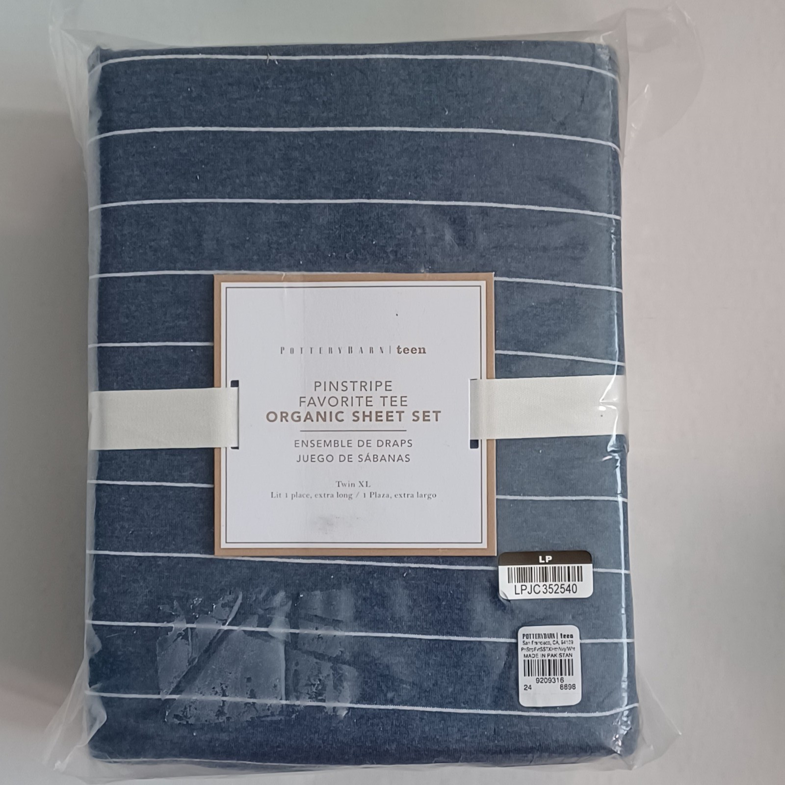 Pottery Barn Teen Organic Pinstripe Favorite T Sheet Set Twin XL Navy White NIP