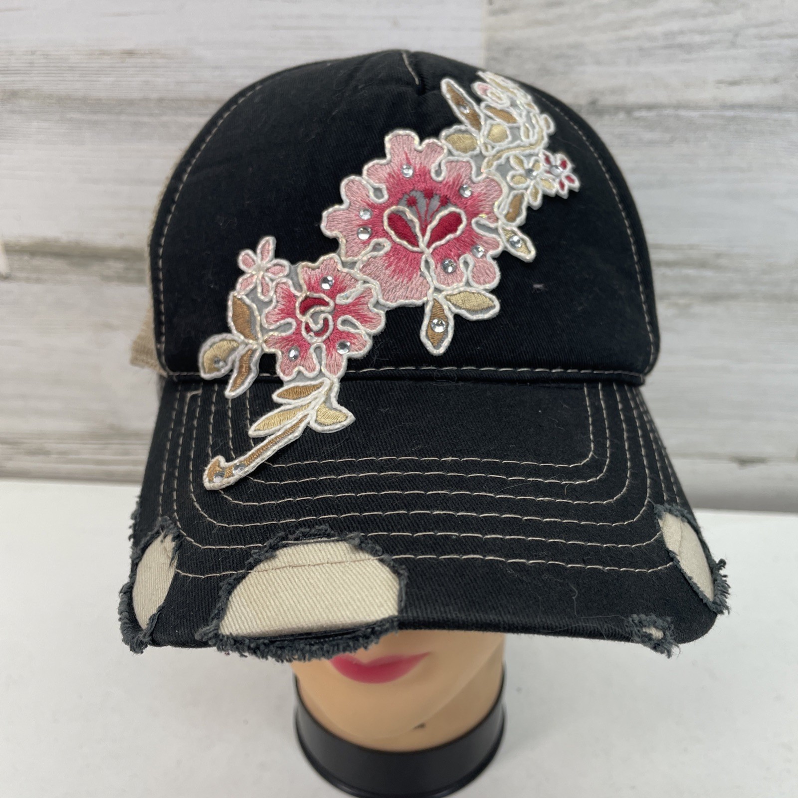 Women's Distressed Black Ball Cap Flower Patterned Jewels Adjustable Size