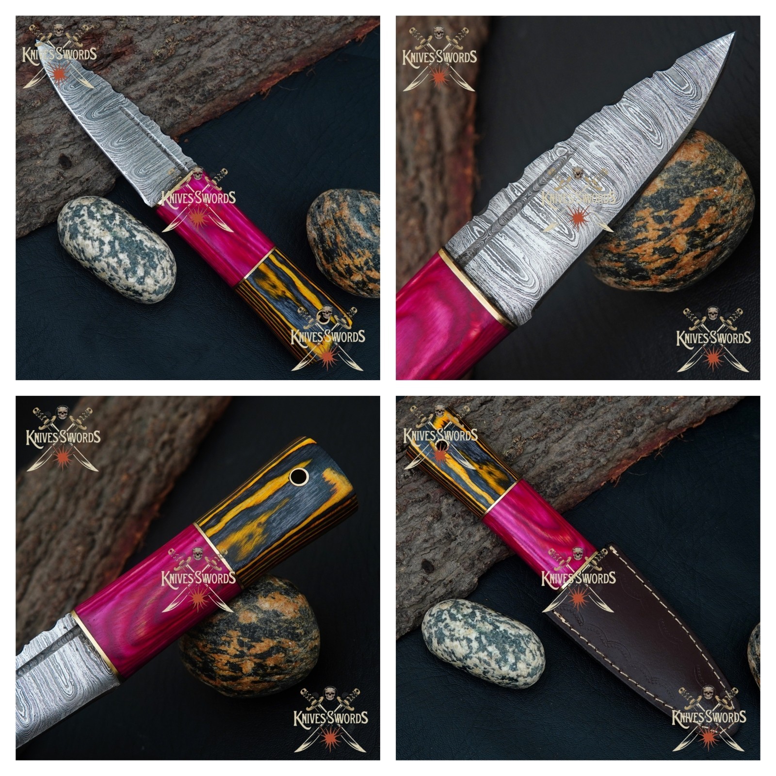 Handmade Damascus Steel Fixed Blade Knife | Custom Resin & Wood Handle&Sheath