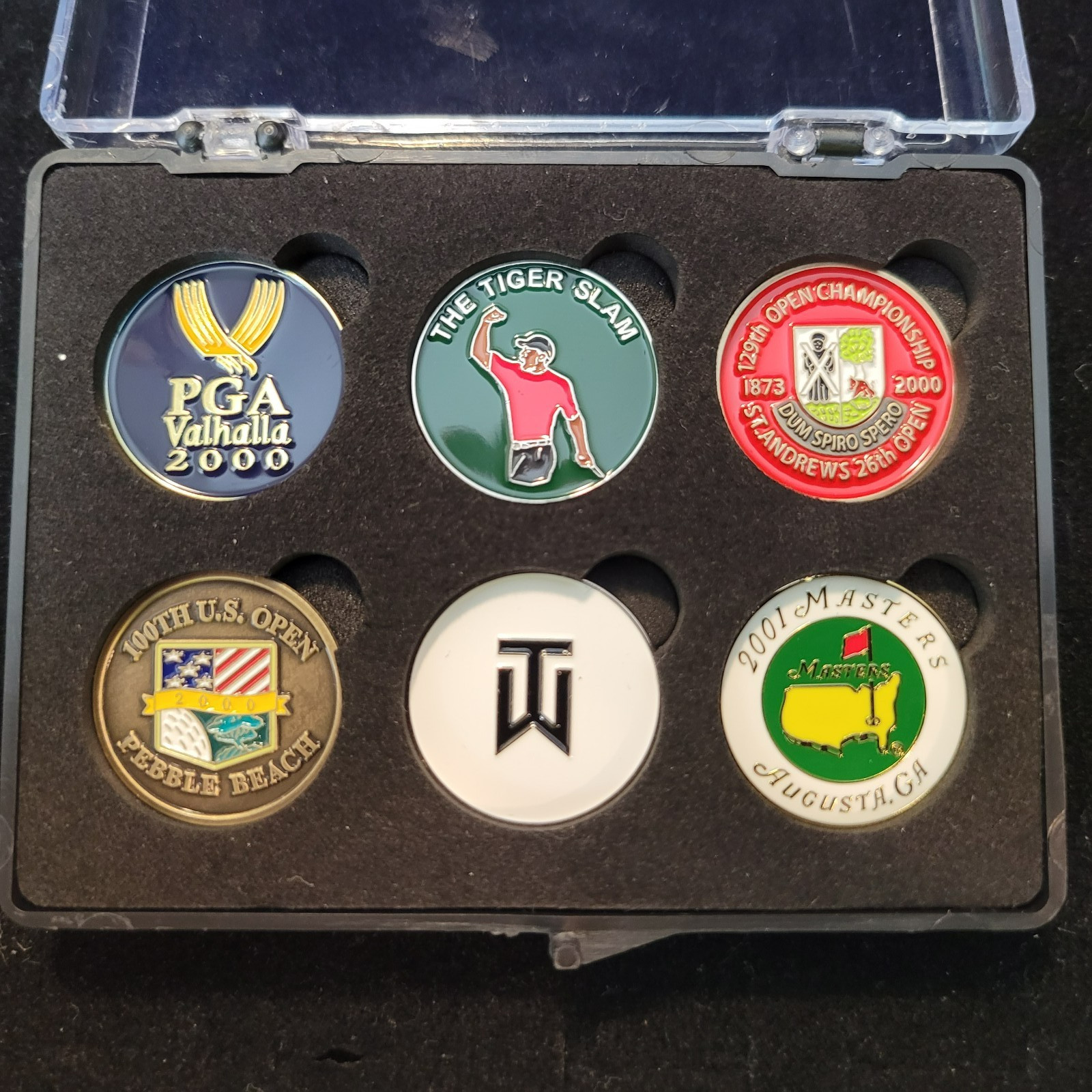 Tiger Woods 6pc Tiger Slam Golf Ball Marker Set in Case Masters US Open PGA