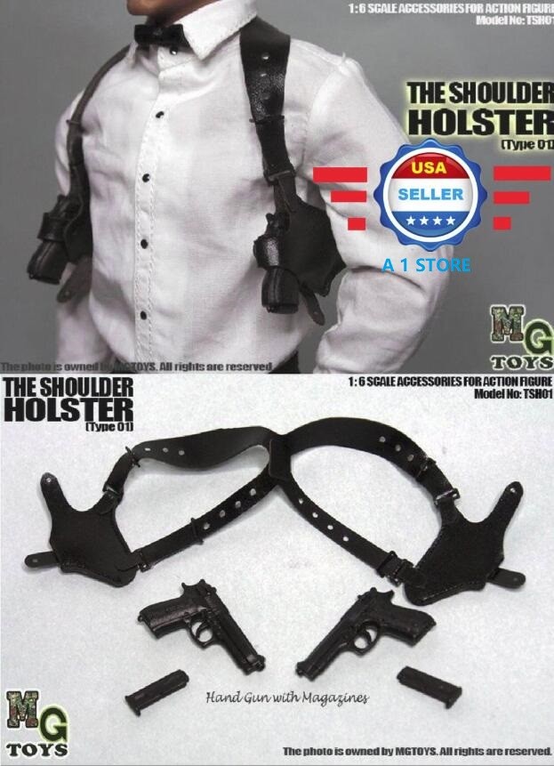 MG Toys 1/6 Black Shoulder Holster w/ TWO Pistols Set for 12'' Male Figure Doll