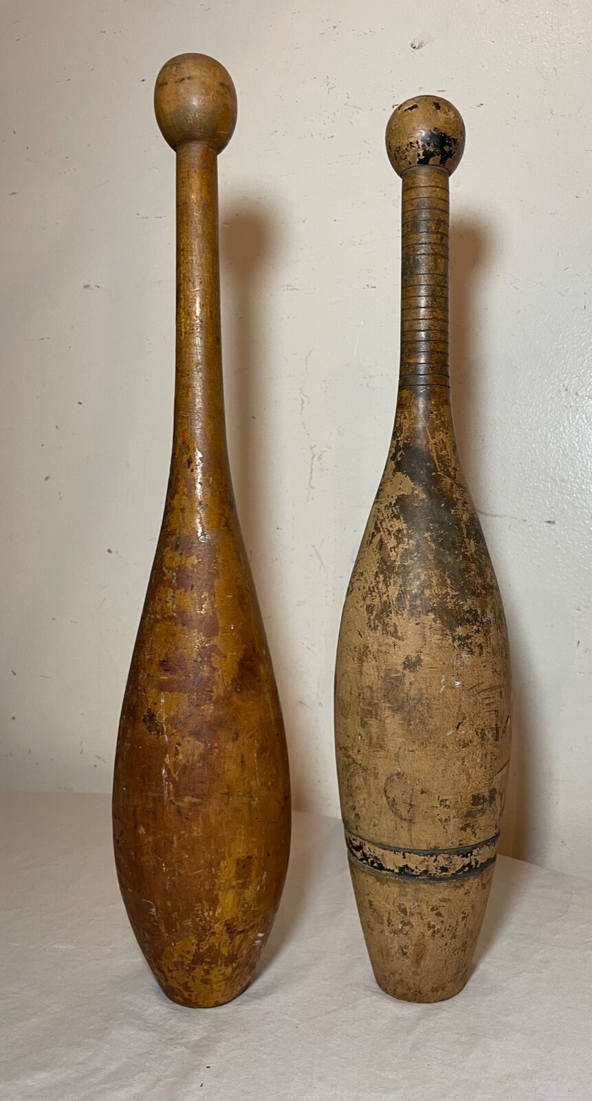pair Antique 19th century handmade folk art wood exercise weight Indian club pin