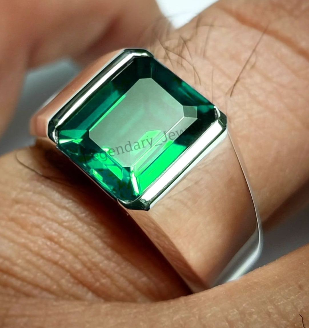 Men’s Emerald Statement Ring 925 Sterling Silver Handmade Green Gemstone Ring