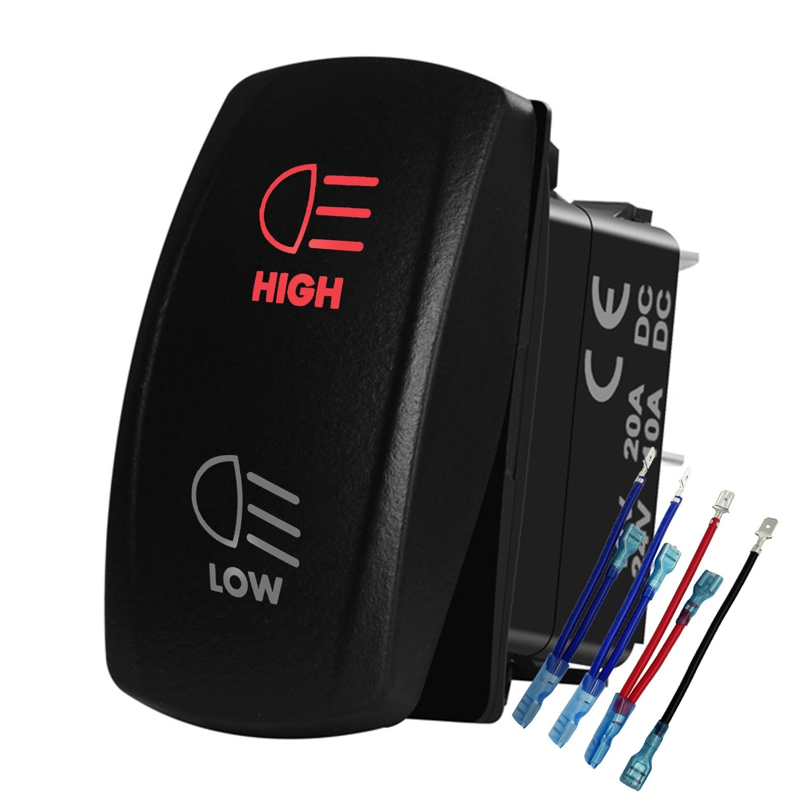 12V 24V RED High Low Beam Headlight Rocker Switch with Wires 7PIN ON-Off-ON D...